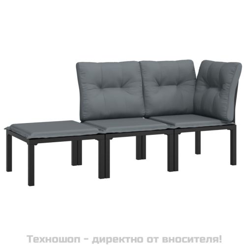 Градински лаундж комплект 3 части черно и сиво полиратан