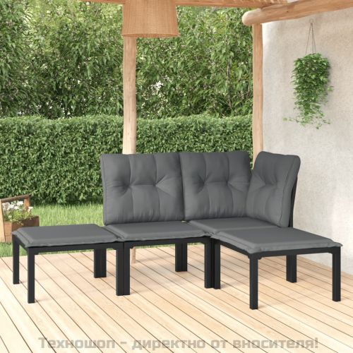 Градински лаундж комплект 4 части черно и сиво полиратан