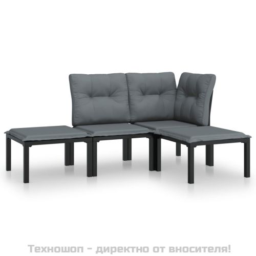 Градински лаундж комплект 4 части черно и сиво полиратан