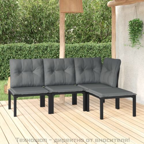 Градински лаундж комплект 4 части черно и сиво полиратан