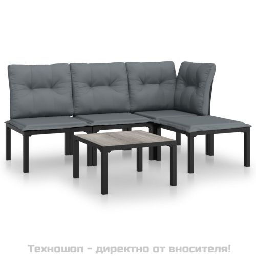 Градински лаундж комплект 5 части черно и сиво полиратан