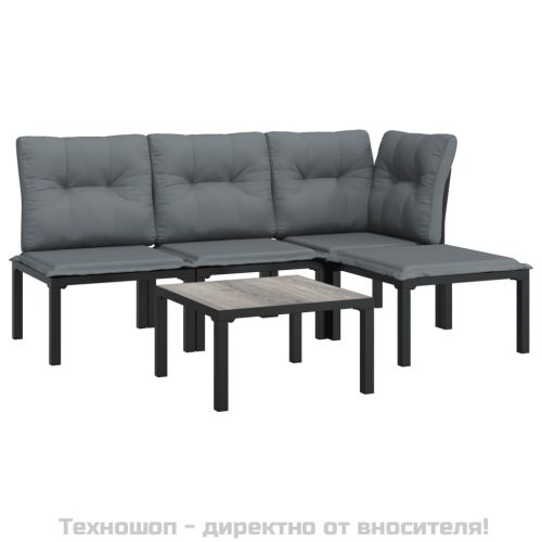 Градински лаундж комплект 5 части черно и сиво полиратан