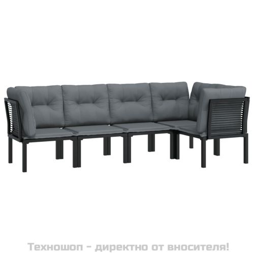 Градински лаундж комплект 5 части черно и сиво полиратан