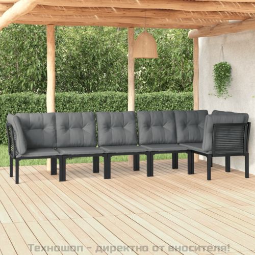 Градински лаундж комплект 6 части черно и сиво полиратан