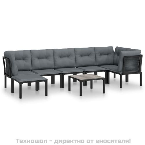 Градински лаундж комплект, 8 части, черно и сиво, полиратан