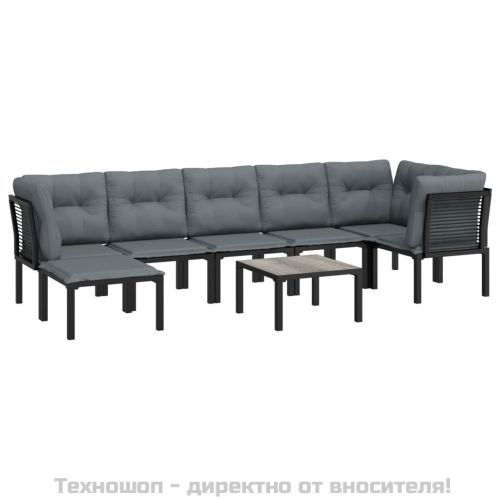 Градински лаундж комплект, 8 части, черно и сиво, полиратан