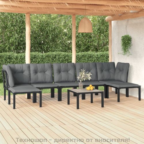 Градински лаундж комплект, 8 части, черно и сиво, полиратан