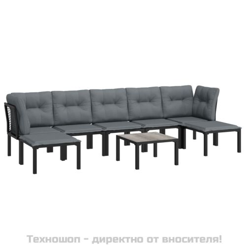 Градински лаундж комплект, 8 части, черно и сиво, полиратан