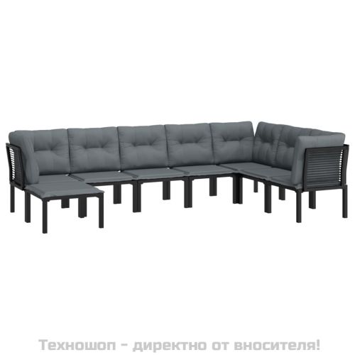 Градински лаундж комплект, 8 части, черно и сиво, полиратан