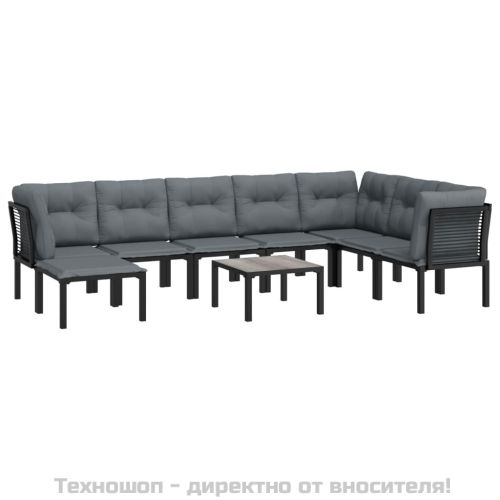 Градински лаундж комплект, 9 части, черно и сиво, полиратан