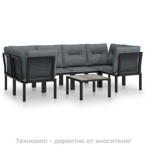 Градински лаундж комплект от 7 части, черно и сиво, полиратан