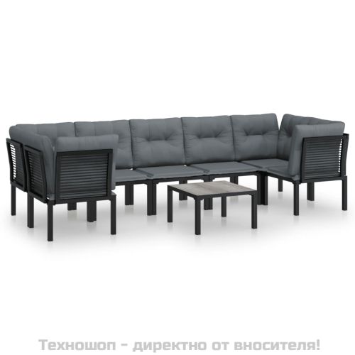 Градински лаундж комплект, 8 части, черно и сиво, полиратан