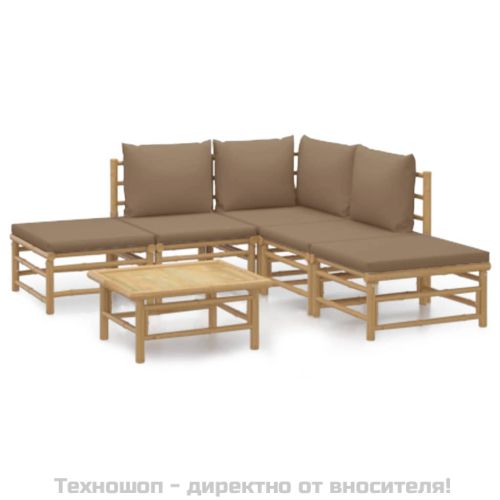 Градински лаундж комплект с таупе възглавници, 6 части, бамбук