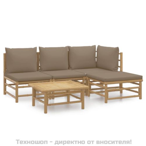 Градински лаундж комплект, 5 части, възглавници таупе, бамбук