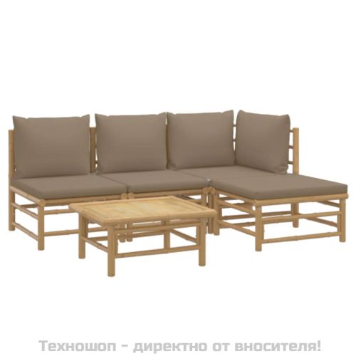 Градински лаундж комплект, 5 части, възглавници таупе, бамбук