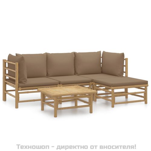 Градински лаундж комплект, 5 части, възглавници таупе, бамбук