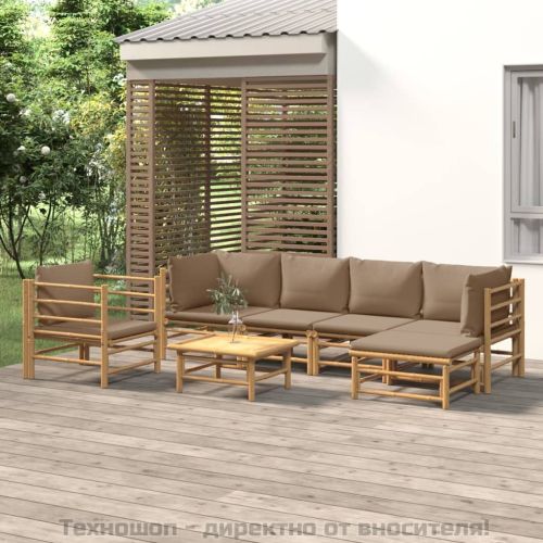 Градински лаундж комплект, 7 части, възглавници таупе, бамбук