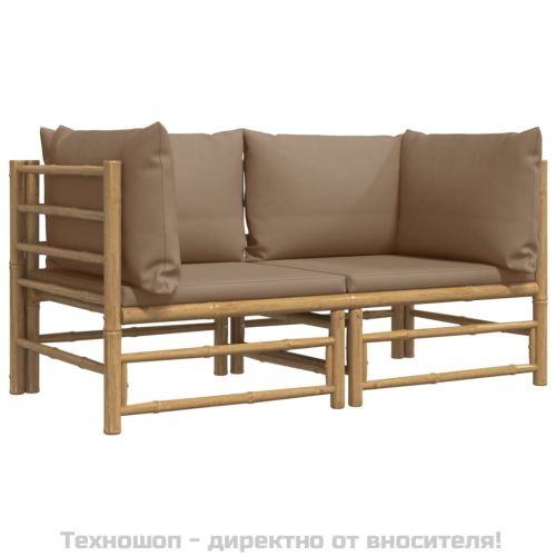 Градински ъглови дивани, 2 бр, с възглавници таупе, бамбук