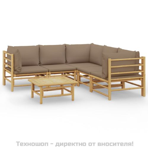 Градински лаундж комплект, 6 части, възглавници таупе, бамбук