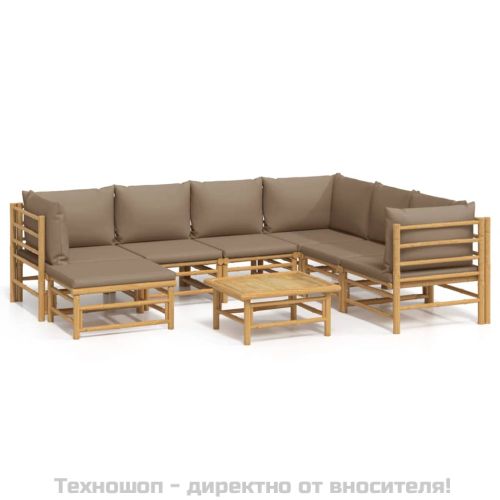 Градински лаундж комплект, 8 части, възглавници таупе, бамбук