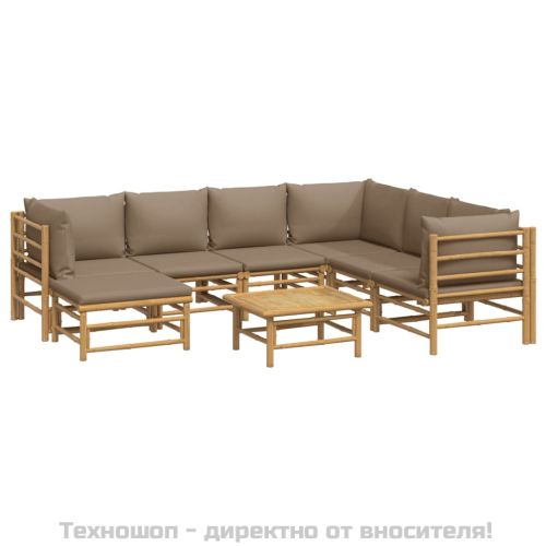 Градински лаундж комплект, 8 части, възглавници таупе, бамбук