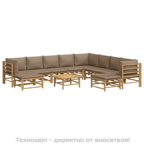 Градински лаундж комплект, 11 части, възглавници таупе, бамбук