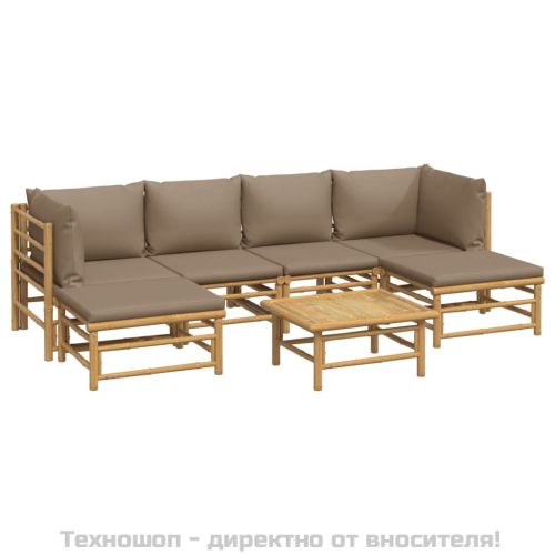 Градински лаундж комплект, 7 части, възглавници таупе, бамбук