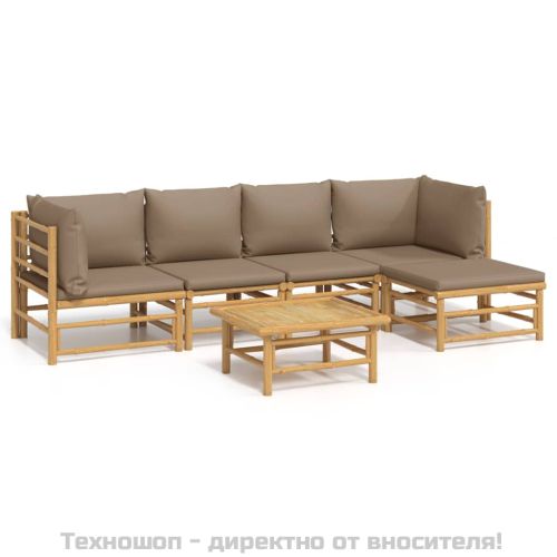 Градински лаундж комплект, 6 части, възглавници таупе, бамбук