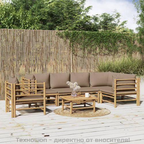 Градински лаундж комплект, 7 части, възглавници таупе, бамбук