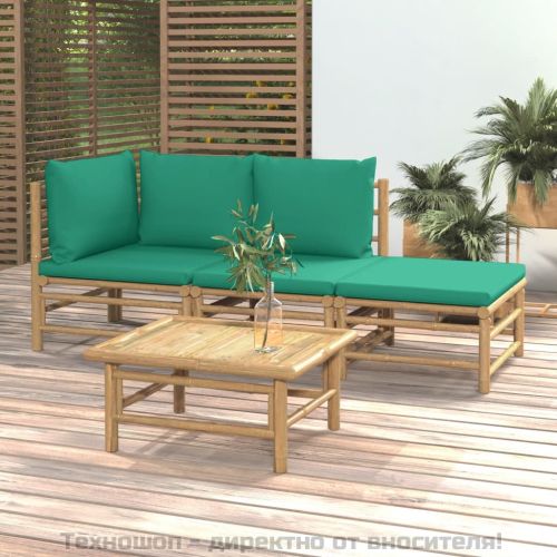 Градински лаундж комплект със зелени възглавници 4 части бамбук