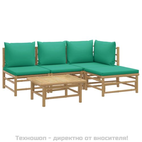 Градински лаундж комплект, 5 части, зелени възглавници, бамбук