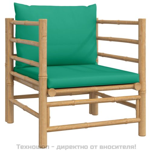 Градински лаундж комплект, 6 части, зелени възглавници, бамбук