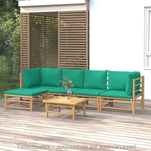 Градински лаундж комплект, 6 части, зелени възглавници, бамбук