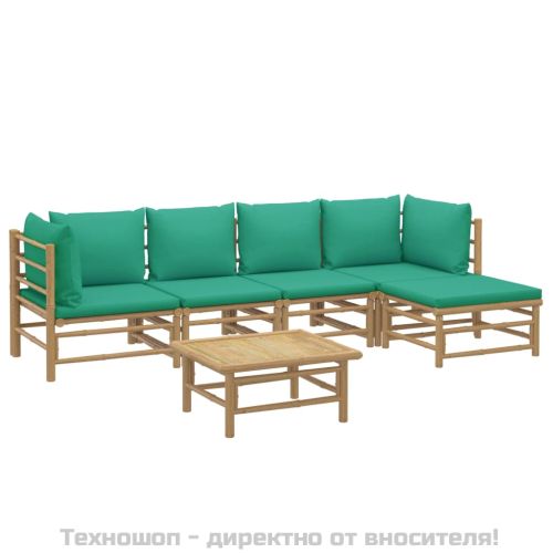 Градински лаундж комплект, 6 части, зелени възглавници, бамбук