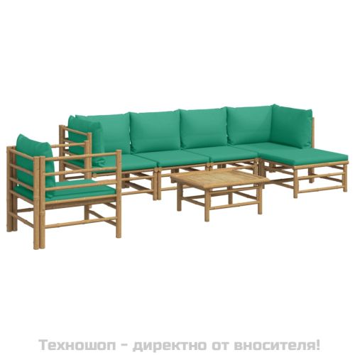 Градински лаундж комплект, 7 части, зелени възглавници, бамбук