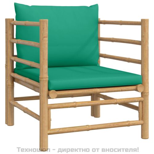 Градински лаундж комплект, 7 части, зелени възглавници, бамбук