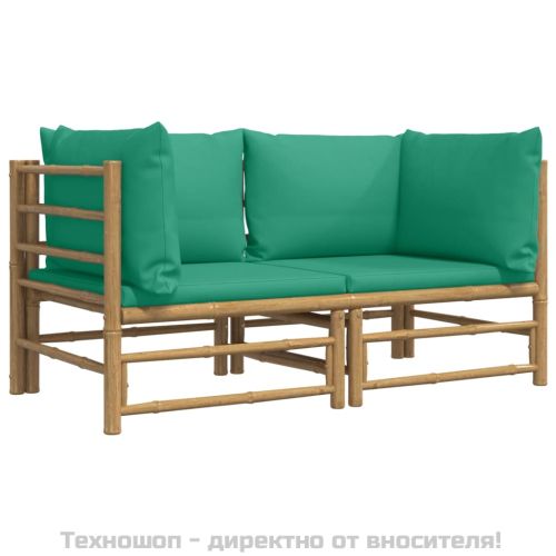 Градински ъглови дивани, 2 бр, зелени възглавници, бамбук