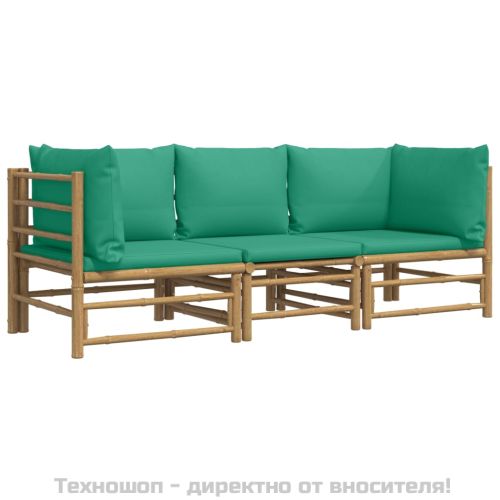 Градински лаундж комплект със зелени възглавници 3 части бамбук