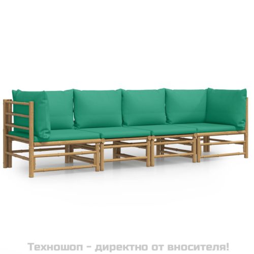 Градински лаундж комплект със зелени възглавници 4 части бамбук