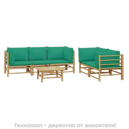 Градински лаундж комплект, 6 части, зелени възглавници, бамбук