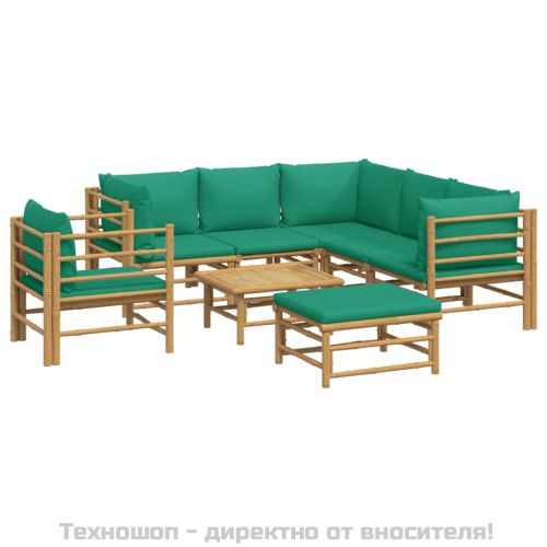 Градински лаундж комплект, 8 части, зелени възглавници, бамбук