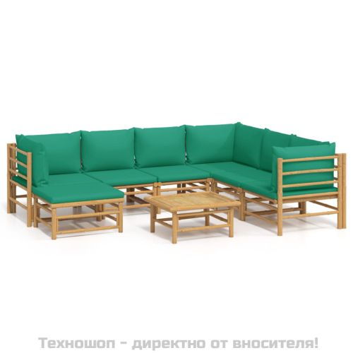 Градински лаундж комплект, 8 части, зелени възглавници, бамбук