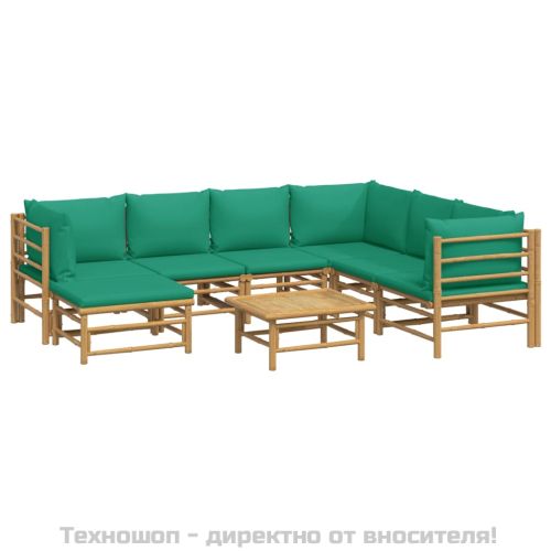 Градински лаундж комплект, 8 части, зелени възглавници, бамбук