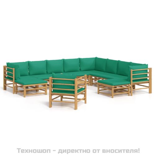 Градински лаундж комплект, 12 части, зелени възглавници, бамбук