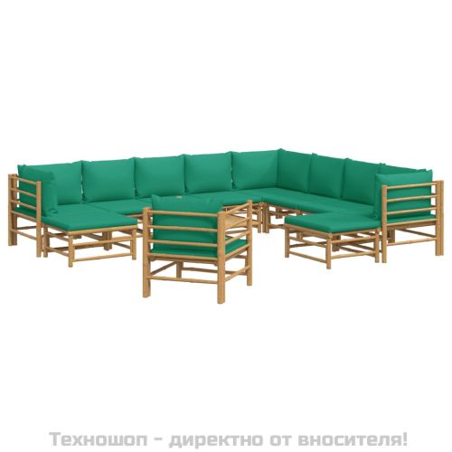 Градински лаундж комплект, 12 части, зелени възглавници, бамбук