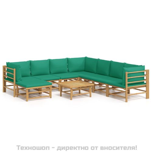 Градински лаундж комплект, 9 части, зелени възглавници, бамбук