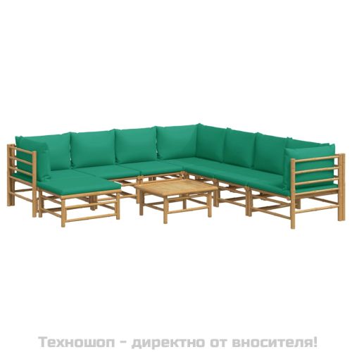 Градински лаундж комплект, 9 части, зелени възглавници, бамбук