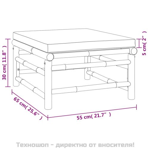 Градински лаундж комплект, 6 части, зелени възглавници, бамбук