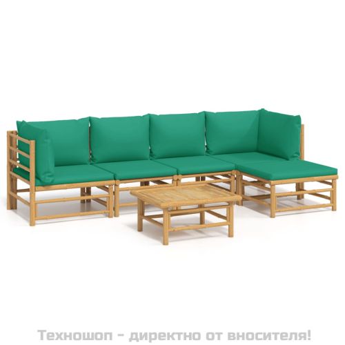 Градински лаундж комплект, 6 части, зелени възглавници, бамбук