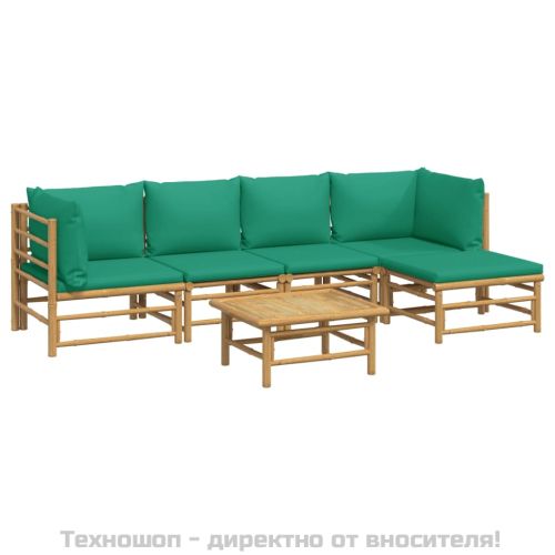 Градински лаундж комплект, 6 части, зелени възглавници, бамбук